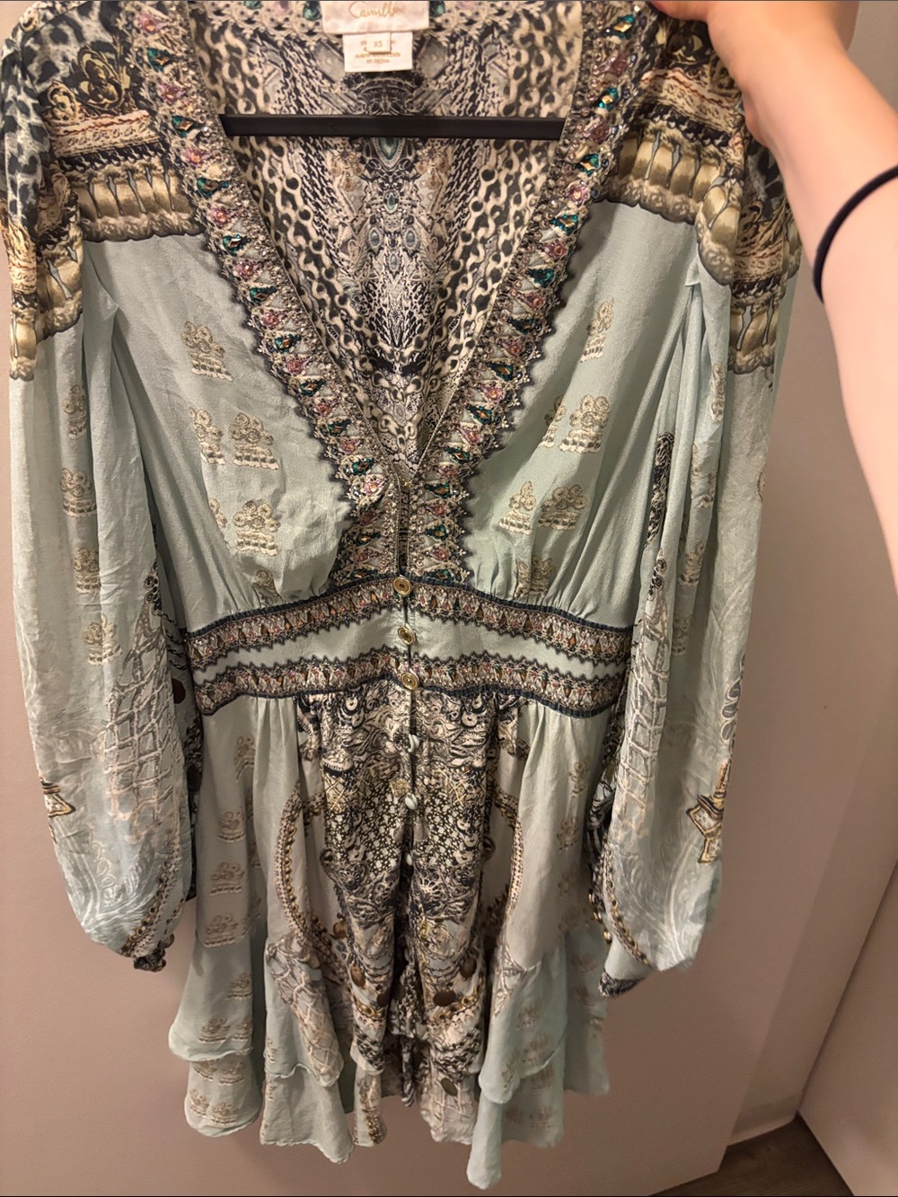Camilla Mint Green Embroidered Long Sleeve Silk Dress
